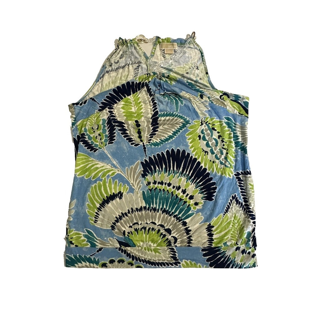 Michael Kors Women's XL Blue Green Floral Sleeveless Blouse Top Stretch